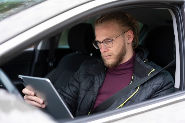 Young digital nomad traveling in  winter time