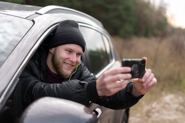 Young digital nomad traveling in  winter time