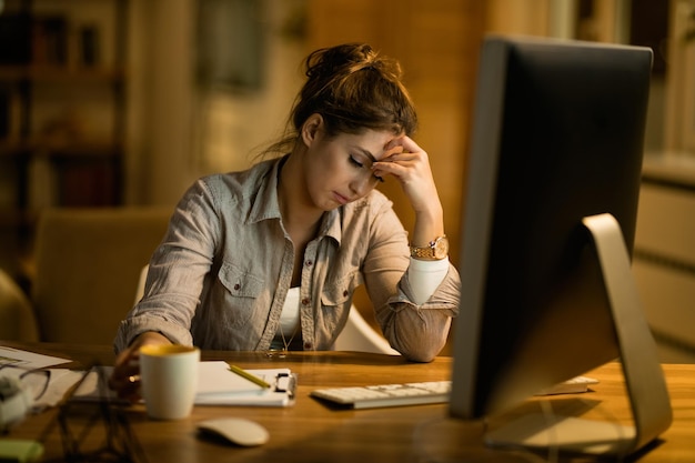 Young displeased woman thinking while working on desktop PC in the evening at home