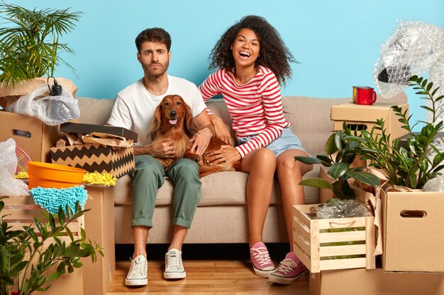 Young diverse family couple play with dog, sit on sofa in empty room, many personal things around, cardboard packages, rent new modern apartment, isolated over blue wall.