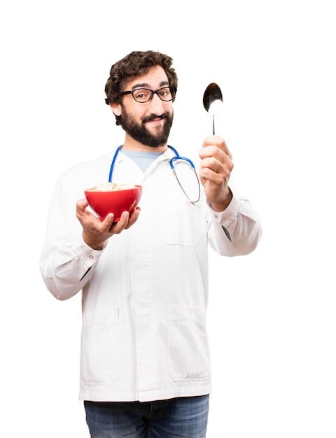 young doctor man having breakfast