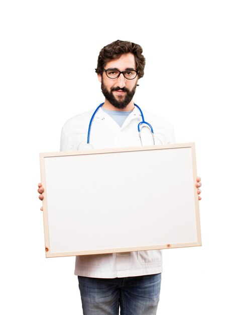 young doctor man with a placard