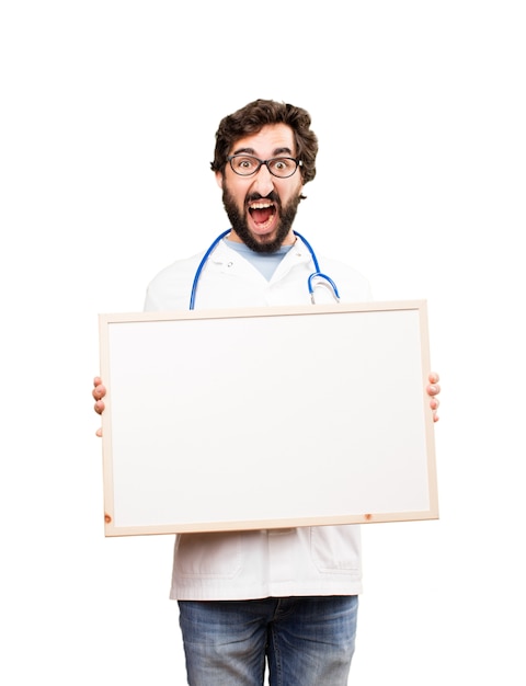 young doctor man with a placard