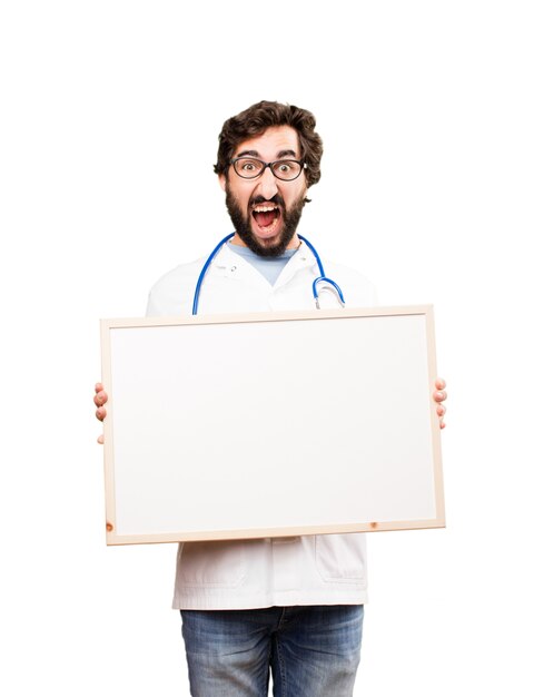 young doctor man with a placard