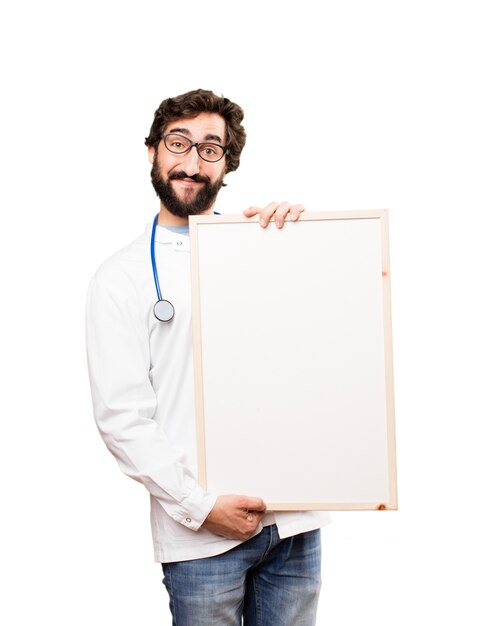 young doctor man with a placard