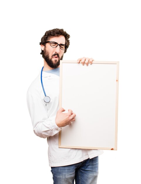 young doctor man with a placard