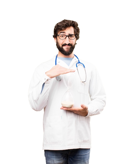 young doctor man with a sand clock