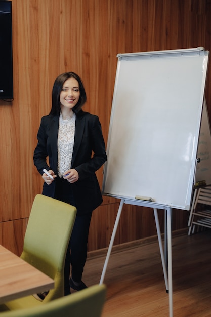 Young emotional attractive girl in business style clothes working with flipchart in a modern office or audience