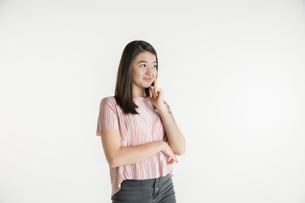 Young emotional woman in casual clothes