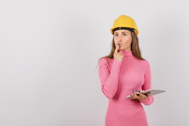 Young engineer girl is thinking by holding forefinger on lips on white background