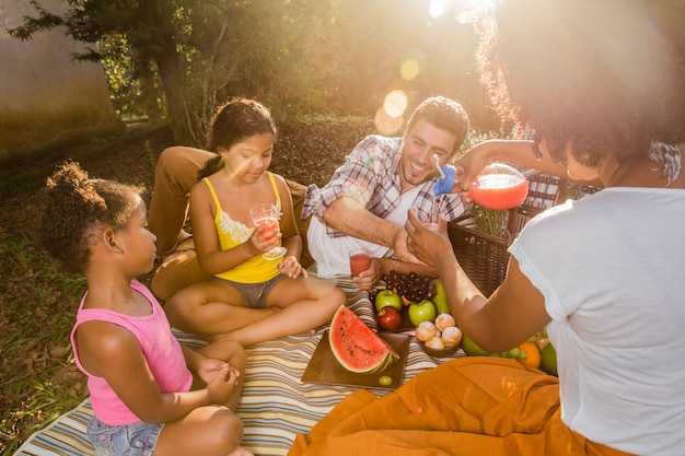 Young family having a picnic in park