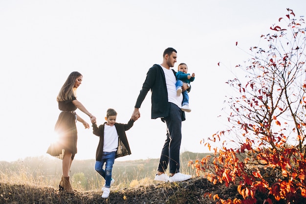 Young family with little son walking in park