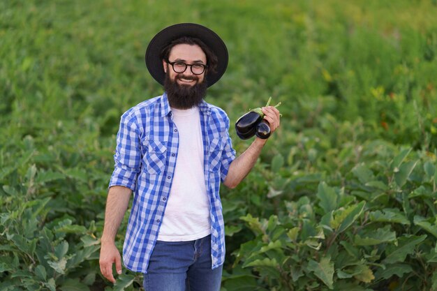 Young farmer man is holding in his hands an apron with dark blue eggplants just picked from his garden. Concept of farming, organic products, clean eating, ecological production. Close up