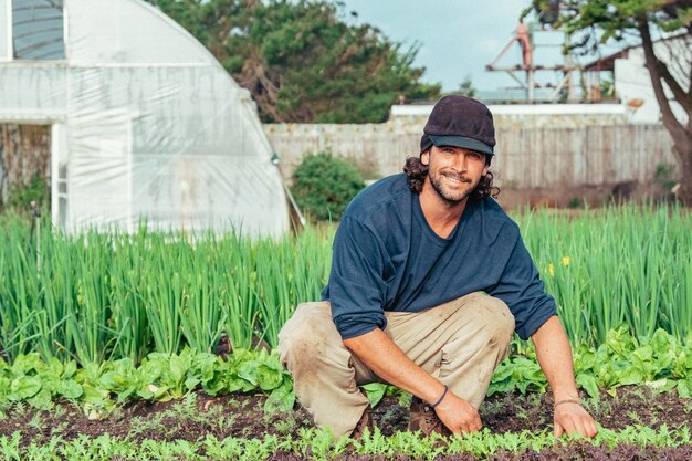 Бесплатное фото Молодой фермер улыбается и счастлив, собирая свежие и органические овощи, чилийский мужчина улыбается.