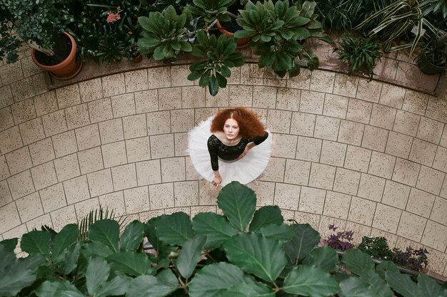 屋内植物園で踊る若い女性のバレリーナ