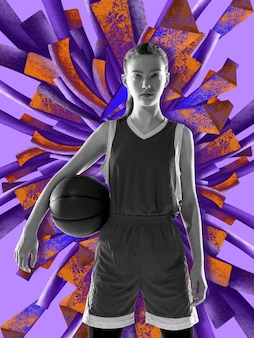 コミック​スタイル​の​カラフル​な​アート​の​描画​と​ジャンプ​の​若い​女性​の​バスケットボール​選手