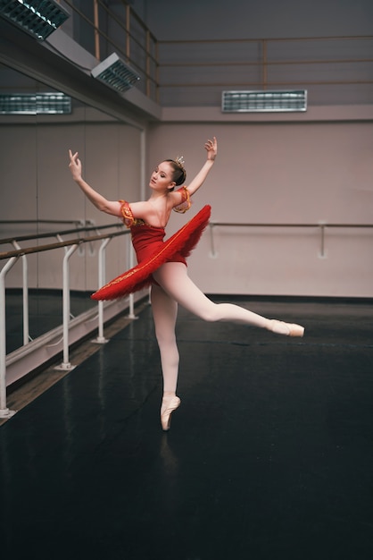 Young female dancer of classic ballet practising in the dance studio