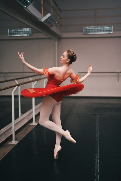 Young female dancer of classic ballet practising in the dance studio