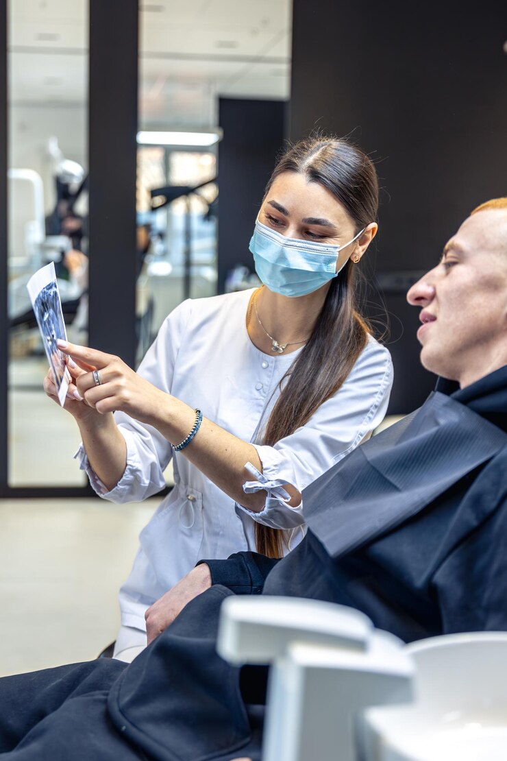 Free Photo young female dentist showing a patient a dental xray dentistry concept