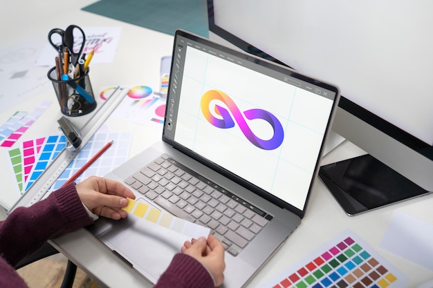 Young female designer working on her laptop