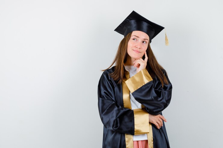 Free Photo young female graduate in academic dress standing in thinking pose and looking pensive , front view.