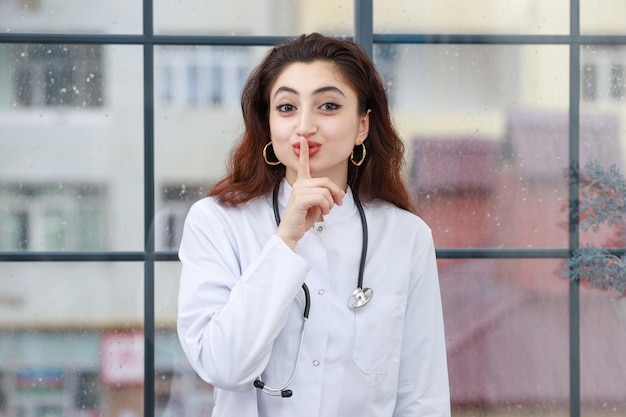 A young female health care worker put her finger to her mouth and gesture silent High quality photo