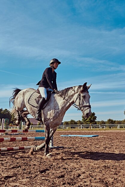 オープンアリーナでハードルを飛び越えて、まだらの灰色の馬に乗った若い女性騎手。