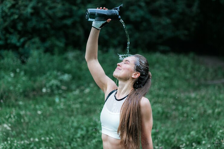 Free Photo young fitness girl pouring cold water on face after jog