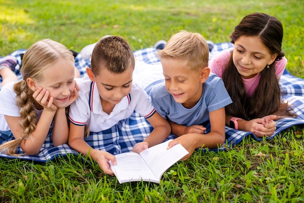Young friends at picnic reading book