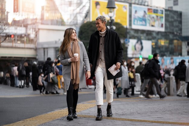 Young friends traveling through japan