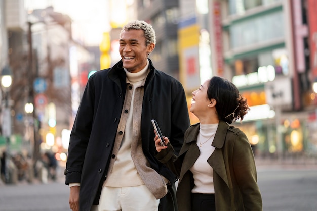 Young friends traveling through japan