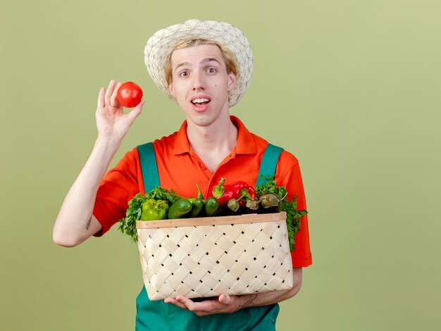 밝은 배경 위에 서 행복 한 얼굴로 웃 고 토마토를 보여주는 야채 가득한 상자를 들고 죄수 복과 모자를 입고 젊은 정원사 남자