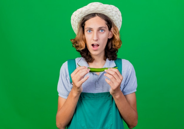 Young gardener man wearing jumpsuit and hat holding green chili pepper