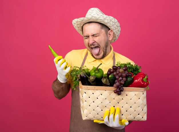 Young gardener man wearing jumpsuit and hat in working gloves holding crate full of vegetables with green chili peppper sticking out tongue with disgusted expression 