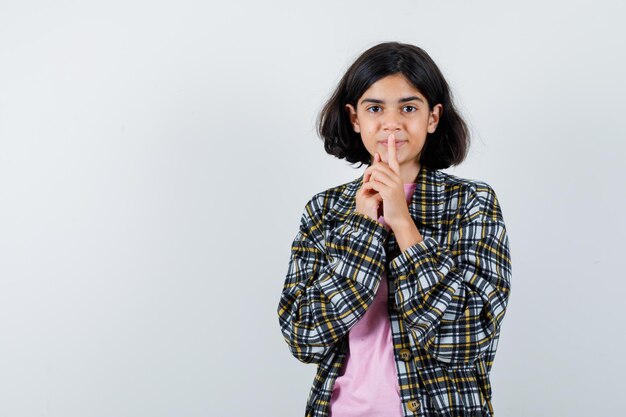 Young girl in checked shirt and pink t-shirt showing silence gesture and looking timid , front view.