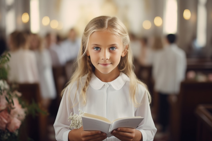 無料Photo 教会で最初の聖餐式を経験する若い女の子