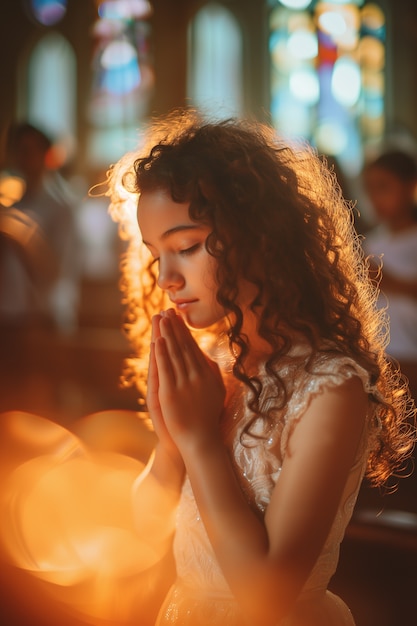 Free photo young girl in church experiencing her first communion ceremony