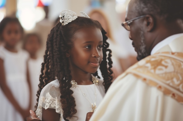 Young girl in church experiencing her first communion ceremony