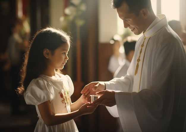 Young girl experiencing their first communion ceremony