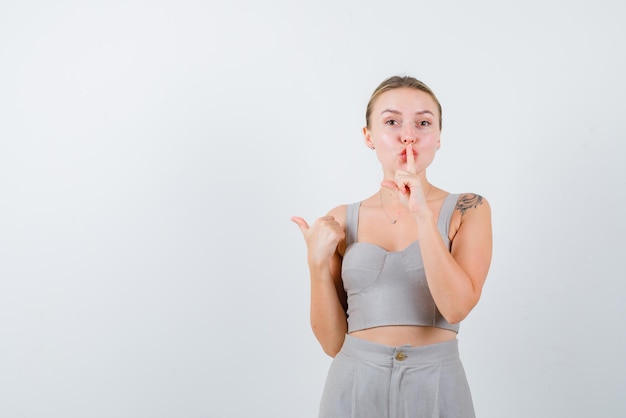 Бесплатное фото Молодая девушка держит палец у рта и показывает спину большим пальцем на белом фоне