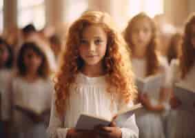 Бесплатное фото Молодая девушка в церкви, совершающая свою первую церемонию причастия