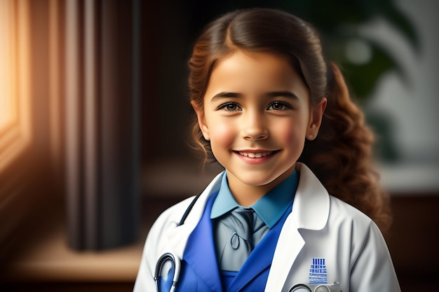Free photo a young girl in a lab coat with a stethoscope on her chest.