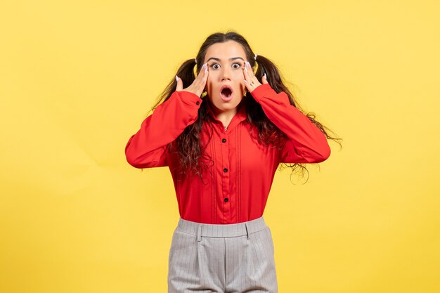 young girl in red blouse posing with shocked face on yellow