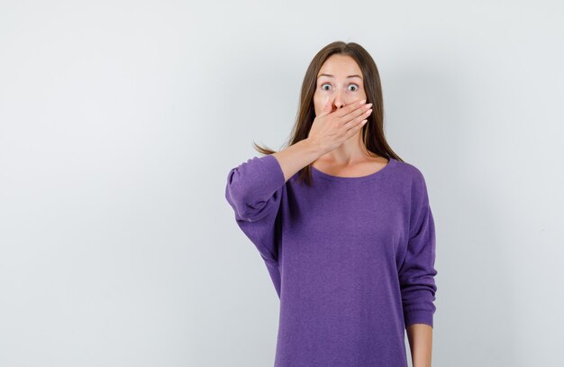 Young girl in violet shirt covering mouth with hand and looking frightened , front view.