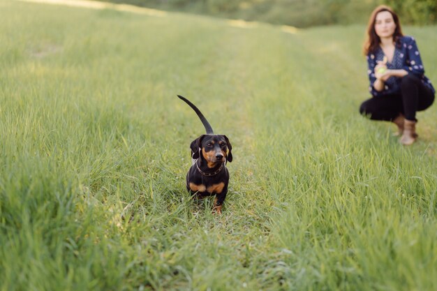 Young girl on a walk with her puppy