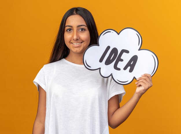 Young girl in white t-shirt holding speech bubble sign with word idea looking at camera