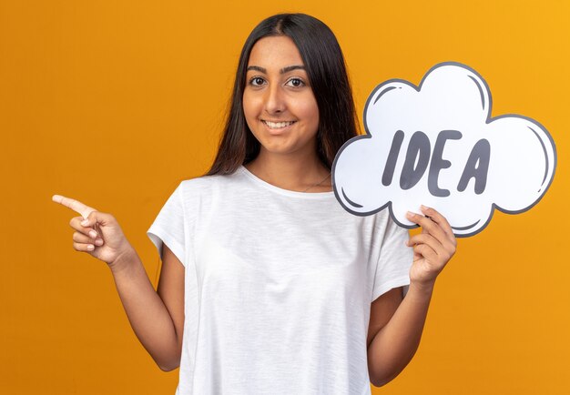 Young girl in white t-shirt holding speech bubble sign with word idea pointing