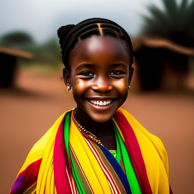 Free photo a young girl with braids is smiling and she is wearing a yellow, red, and green striped scarf.