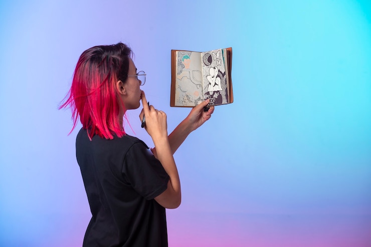 Free Photo young girl with pink hairs holding a sketchbook and looking at.