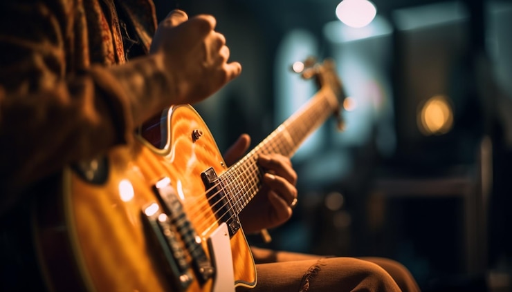 無料Photo ai によって生成されたアコースティック ギターで弦を弾く若いギタリスト